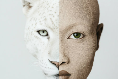 Surreal portrait blending a white leopard and a human model with neutral makeup, showcasing unique features and emotion, suitable for artistic concepts like identity and natureの素材
