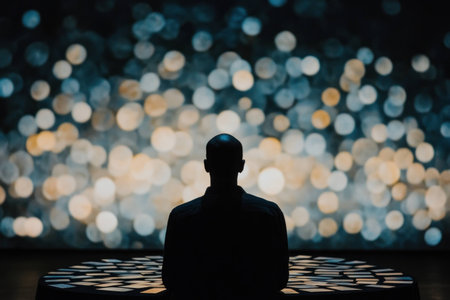 Silhouette of a man contemplating against a bokeh background, conveying emotion and introspection, ideal for themes of mindfulness and meditationの素材