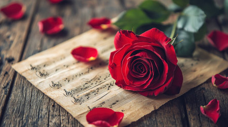 A beautiful red rose placed on vintage sheet music, surrounded by rose petals, creating an elegant and romantic atmosphere suitable for various occasions like anniversariesの素材