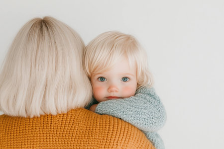 Tender moment between a mother and her baby, showcasing love and connection with soft colors and cozy knitwear for family themed imageryの素材