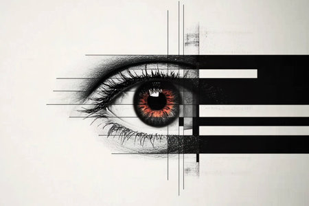 Abstract artistic illustration of a human eye with vibrant details, showcasing emotions of mystery and curiosity, set against a black and white backgroundの素材