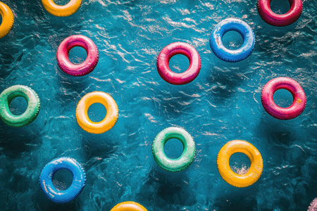 Colorful floating pool rings in vibrant blue water create a playful summer atmosphere perfect for family fun and relaxationの素材