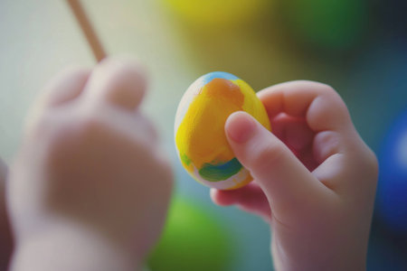 Colorful Easter egg painting activity with a child s hands, showcasing creativity and joy in springtime festivitiesの素材