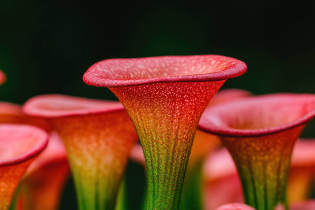 Close up of vibrant red and green pitcher plants showcasing their unique structure and colors, perfect for botanical and nature themed projectsの素材