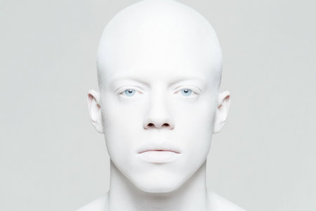 A captivating portrait of a bald man with pale skin and striking blue eyes, exuding a serene and contemplative expression against a minimalist white backgroundの素材