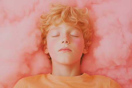 A serene child with curly blonde hair rests peacefully against a pastel pink cloud background, epitomizing innocence and tranquility in a vibrant, dreamlike settingの素材