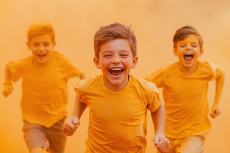 Happy children running in bright yellow shirts, enjoying a carefree moment outdoors with vibrant orange background and playful expressions, capturing joy and innocenceの素材