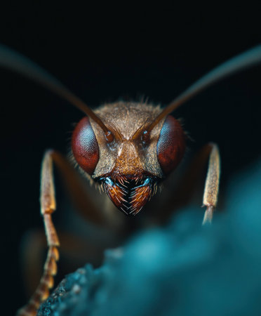 Close up of an ant showcasing detailed features and vibrant red eyes, emphasizing the intricate structure and texture of the insect, set against a dark backgroundの素材