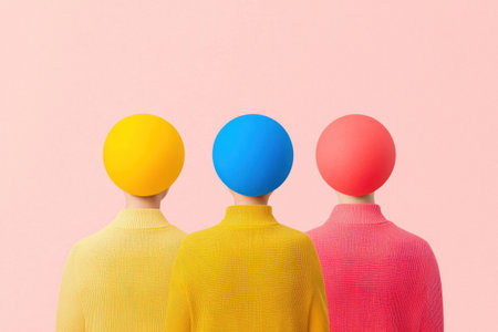 Three models with colored spheres on their heads, showcasing vibrant fashion styles against a pastel background, representing creativity and modern artの素材
