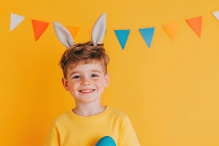 Cheerful boy with bunny ears on a bright yellow background, celebrating Easter with colorful eggs and decorations Joyful expression and festive atmosphereの素材