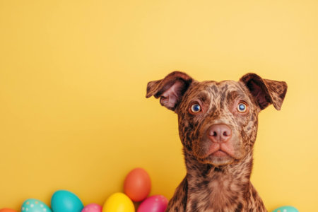 Cute playful brown dog with blue eyes surrounded by colorful Easter eggs against a bright yellow background, perfect for spring celebrationsの素材