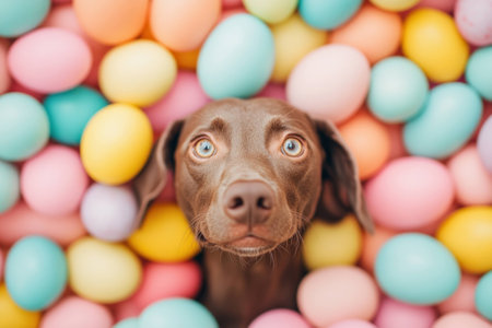 Cute brown dog surrounded by colorful Easter eggs, expressing curiosity and joy in a vibrant and playful setting perfect for spring and festive celebrationsの素材