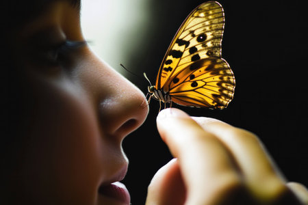 A young child gently interacting with a butterfly, showcasing wonder and curiosity in a warm, intimate moment celebrating nature and childhood innocenceの素材