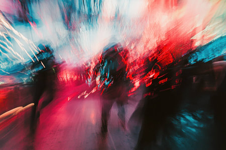 Abstract representation of urban nightlife with blurred figures, showcasing vibrant neon colors and emotional energy of the city nightlife sceneの素材