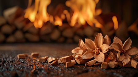 Warm woodsy ambiance with aromatic blossoms, representing relaxation, nature, and a cozy atmosphere for home decor or spa settingsの素材