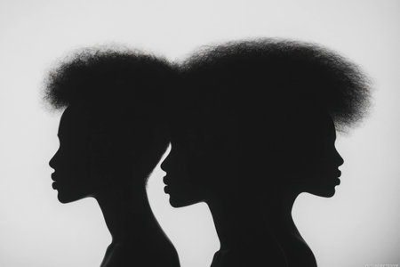 Silhouettes of two Black women with natural afro hairstyles against a white background, showcasing beauty and elegance in monochrome tonesの素材