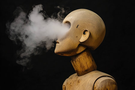 Wooden mannequin exhaling smoke, showcasing a surreal and artistic representation of creativity and inspiration against a black backgroundの素材