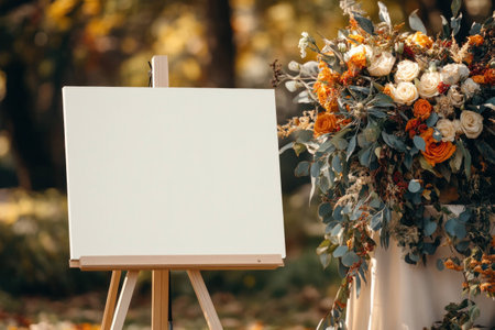 Empty canvas on an easel surrounded by vibrant autumn flowers in warm colors, evoking creativity and inspiration in natureの素材