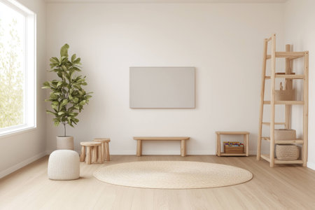 Minimalist interior design featuring a bright, airy living room with natural elements, a plant, and light wood furniture for a serene and welcoming atmosphereの素材