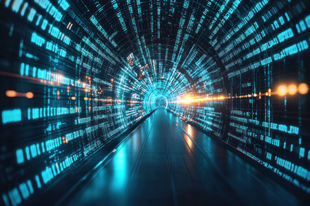 Futuristic digital tunnel with glowing binary code, capturing the essence of technology and innovation in a vibrant blue paletteの素材