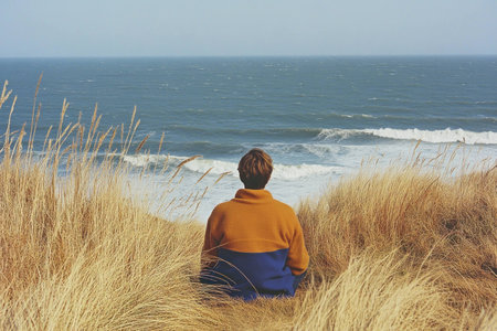 A contemplative person in a vibrant orange and blue jacket sits on grassy dunes, gazing out at the tranquil sea waves under a clear sky, embodying serenityの素材