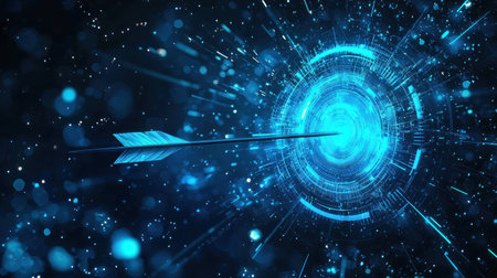 Futuristic digital arrow in a glowing blue vortex representing speed, technology, and innovation in a sci fi conceptの素材