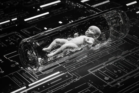 Futuristic baby in glass pod on a technological backdrop, emphasizing themes of artificial intelligence, innovation, and digital transformationの素材