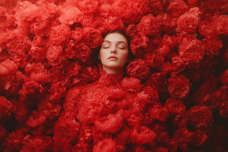 A serene woman in a red floral dress, resting among vibrant red peonies, creating a harmonious and tranquil atmosphere, ideal for seasonal beauty conceptsの素材