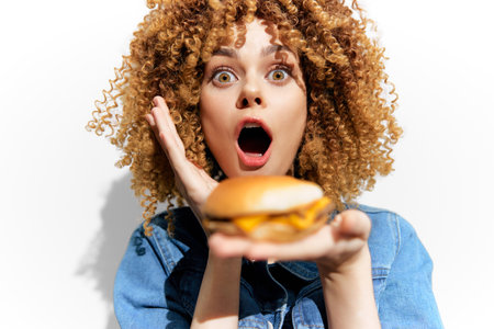 Surprised young woman holding a cheeseburger, expressing excitement and joy, against a white background that emphasizes her vibrant curly hairstyleの写真素材