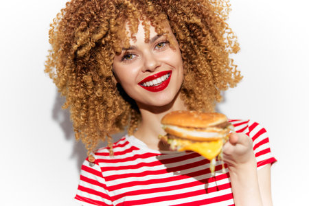 Cheerful young woman with curly hair holding a delicious cheeseburger, showcasing a vibrant and fun food concept with bright colors and joyの写真素材