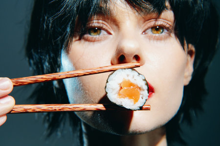 Stylish young woman with short hair holding sushi with chopsticks close to her mouth, showcasing bold emotions against a dark background.の写真素材