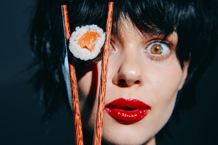 Stylish young woman with short black hair holding sushi with chopsticks, showcasing vibrant emotions, color contrast and a modern aesthetic.の写真素材