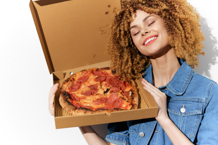 Happy woman holding a pizza in a takeaway box, showcasing joy and excitement for delicious food, perfect for food lovers and healthy eating themesの写真素材