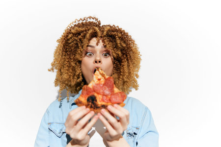 A joyful young woman with curly hair excitedly holds a slice of pepperoni pizza against a plain...