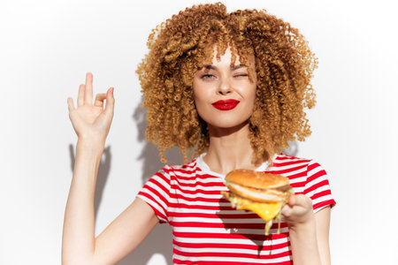 Cheerful young woman with curly hair enjoying a delicious burger, showcasing a joyful expression and red lipstick against a bright backgroundの写真素材