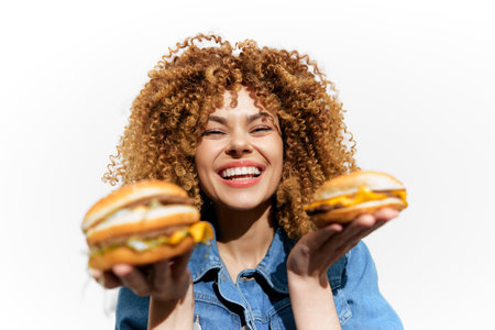 Happy woman holding two delicious burgers, showcasing eating choices with a vibrant smile, wearing casual denim against a clean white backgroundの写真素材