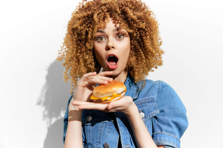 Surprised young woman of mixed descent holding a burger, expressing shock and delight Bright denim...
