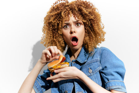 Surprised young woman with curly hair holding a colorful burger against a white background, showcasing a playful and vibrant concept of healthy eatingの写真素材