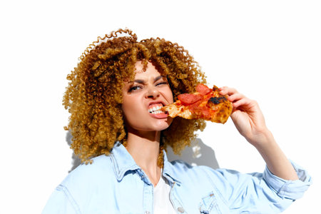 Young woman with curly hair eating pizza passionately against a white background, representing...