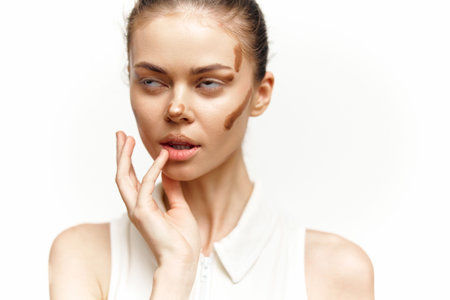 A young woman with artistic makeup poses with a thoughtful expression, featuring unique designs on her face against a minimalist white background.の写真素材