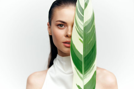 Young woman with beautiful skin partially hidden by a tropical leaf, showcasing natural beauty and serenity in a minimalist setting.の写真素材