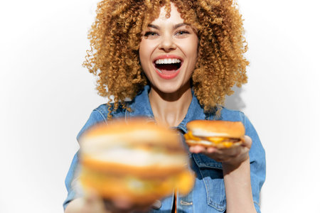 Joyful young woman with curly hair holding a delicious burger, wearing a denim jacket, set against a...