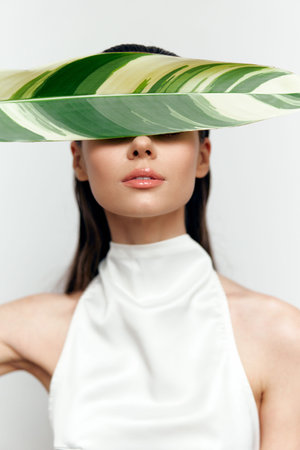 Elegant model concealing her eyes with a leaf, showcasing a serene expression, white attire, and a minimalistic background for a fresh seasonal concept.の写真素材