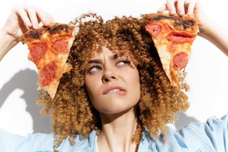 Young woman with curly hair holding slices of pizza near her ears, expressing delight and humor in a bright studio setting with a white backgroundの写真素材