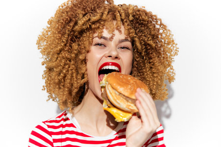 Young woman with curly hair excitedly holding a delicious burger, expressing joy, wearing a striped shirt, set against a clean white backgroundの写真素材