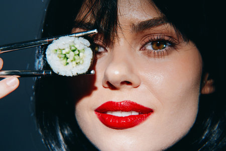 Captivating woman holding sushi with vivid red lipstick and intense gaze, showcasing a modern...