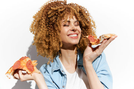 Happy woman enjoying pizza with curly hair, brightly dressed in denim, against a light background,...