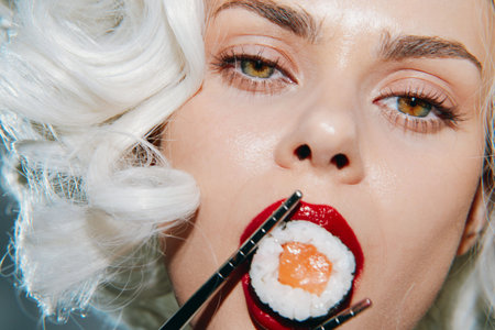 Beautiful woman with elegant makeup holding sushi with chopsticks, showcasing vibrant colors and...