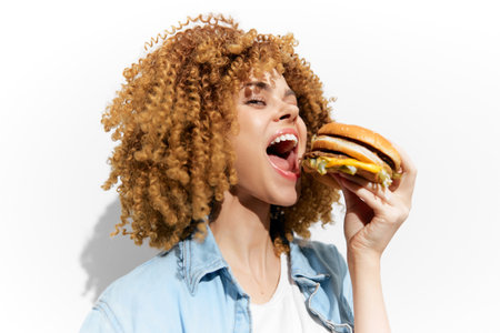 Young woman with curly hair joyfully enjoying a delicious burger against a clean white background, highlighting culinary delight and vibrant emotionsの写真素材