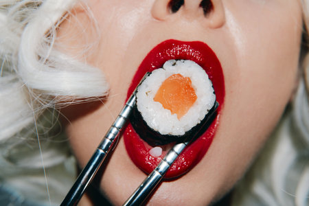 Close-up portrait of a woman with stylish white hair holding sushi with chopsticks, wearing bold red lipstick, conveying a playful and modern vibe.の写真素材